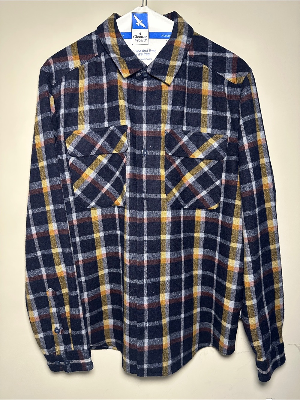 Patagonia recycled Navy with orange plaid wool button down